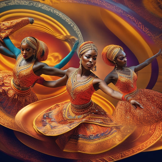 Vibrant illustration of diverse dancers from around the world, lost in ecstatic movement, surrounded by swirling patterns and shapes inspired by traditional cultural motifs, set against a warm, golden-lit background.