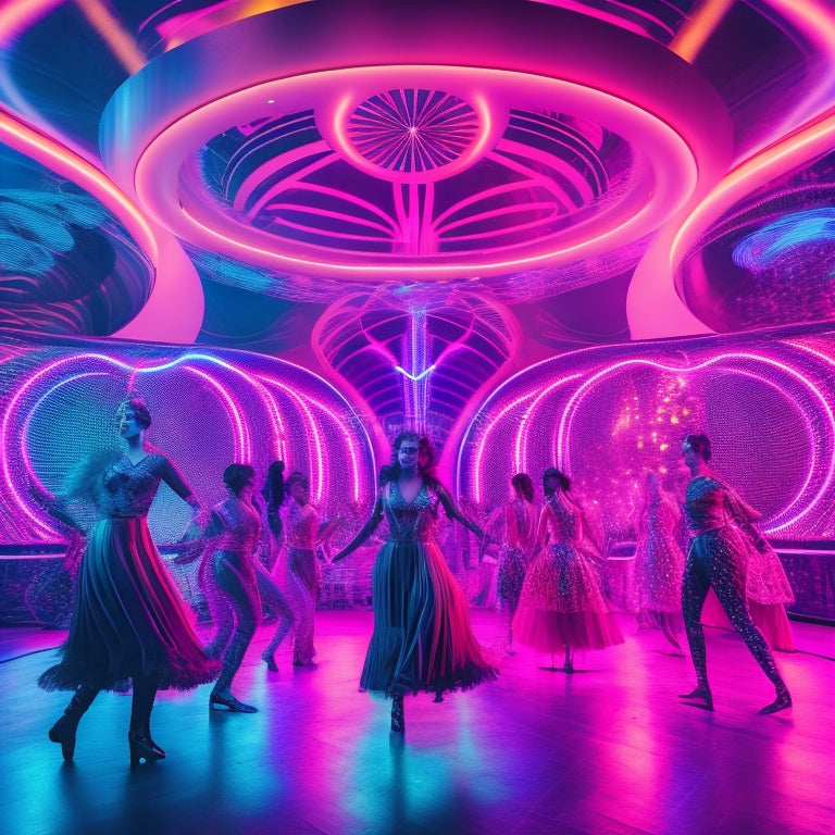 A futuristic, neon-lit dance floor filled with 3D avatars of dancers in vibrant, glowing costumes, surrounded by swirling patterns of light and futuristic architecture.