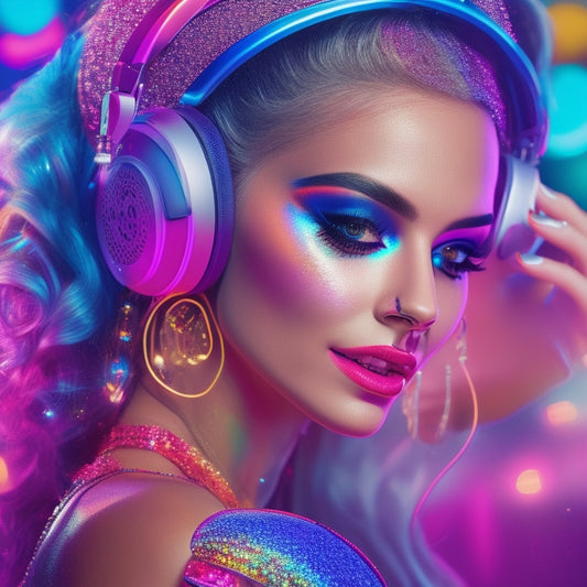 A vibrant illustration depicting a young woman with colorful, glittering festival-inspired makeup, surrounded by dance festival elements like neon lights, headphones, and a DJ's turntable.