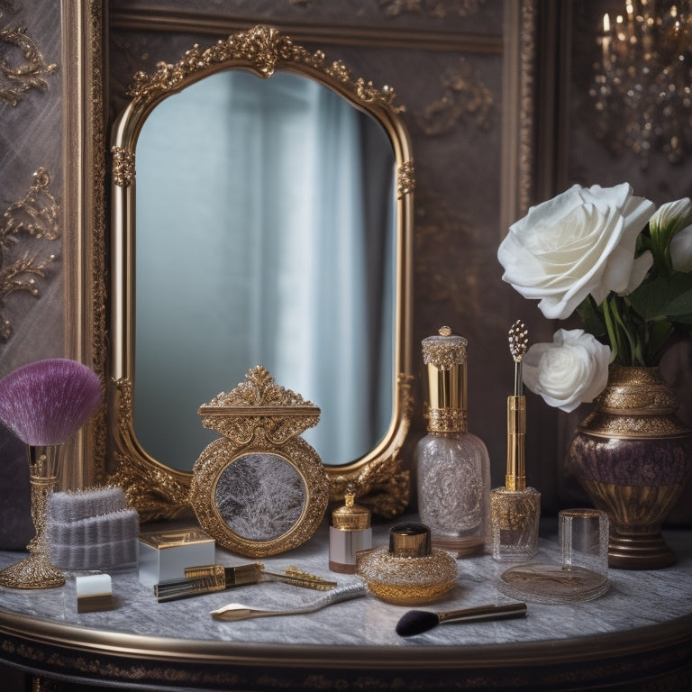 A beautifully styled vanity with a ornate, gold-framed mirror, surrounded by an array of luxurious makeup brushes, palettes, and products, with a delicate, lace-trimmed wedding veil draped elegantly in the background.