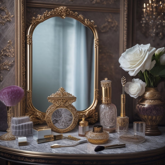 A beautifully styled vanity with a ornate, gold-framed mirror, surrounded by an array of luxurious makeup brushes, palettes, and products, with a delicate, lace-trimmed wedding veil draped elegantly in the background.