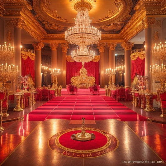A lavish, gold-lit ballroom with a red carpet, surrounded by towering candelabras, ornate mirrors, and glamorous chandeliers, with a step-and-repeat backdrop featuring a Casino Royale-inspired logo.