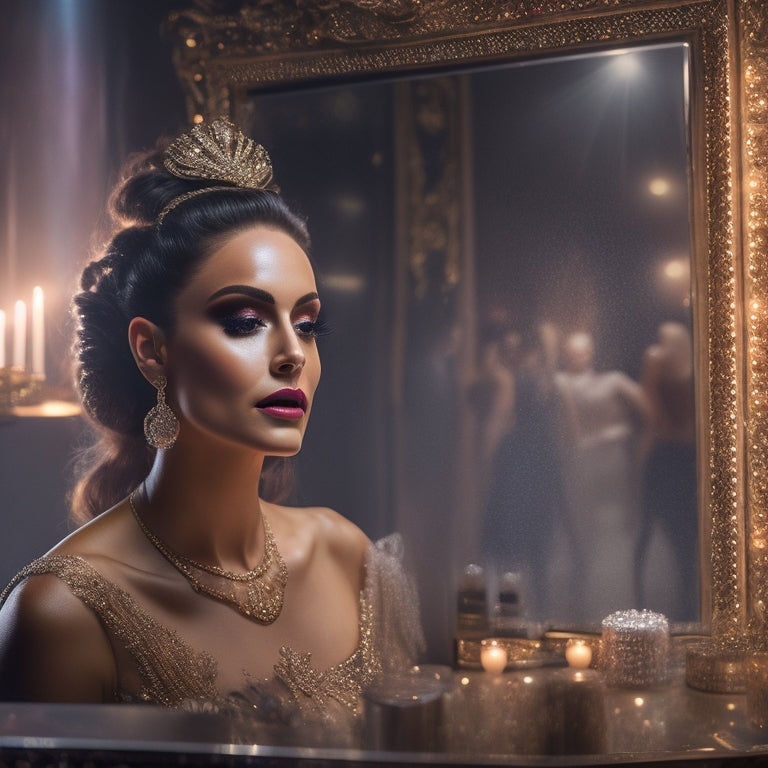 A dimly lit, ornate mirror reflects a Dancing with the Stars contestant's anxious face, surrounded by scattered makeup brushes, broken compacts, and a torn-out hair extension, with a sparkling dance floor blurred in the background.