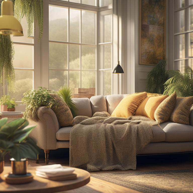 A whimsical illustration of a cozy living room with a plush blanket draped over a minimalist couch, surrounded by lush green plants and a warm, golden light streaming through the windows.