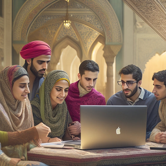 A vibrant illustration of a diverse group of Middle Eastern students, ages 18-30, gathered around a large, glowing laptop, surrounded by traditional Arabic patterns and intricate architecture, with bright, radiant light emanating from the screen.