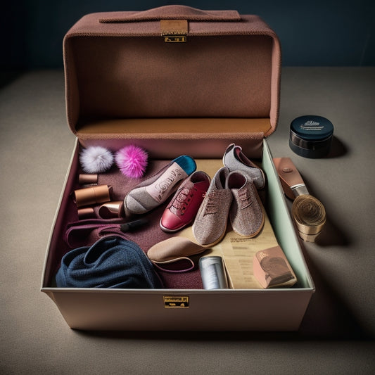 A tidy, open stage box with neatly arranged dance shoes, a rolled-up dance mat, and a compact organizer filled with bobby pins, hair ties, and makeup, set against a clean, dark background.