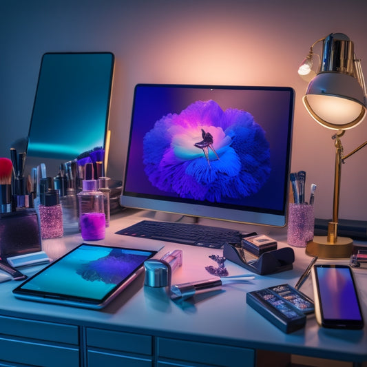 A cluttered, well-lit makeup station with various digital devices and makeup tools scattered around, featuring a mirror with a smartphone mounted on a tripod, a laptop open to a color palette website, and a tablet displaying a makeup design app.