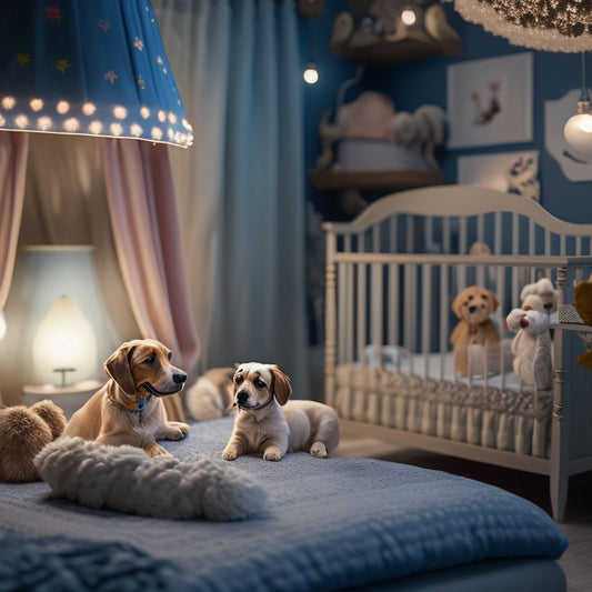 A whimsical nursery scene featuring a crib adorned with a puppy-printed canopy, surrounded by plush toys, a dog-shaped nightlight, and a wallpaper with tiny paw prints and subtle bone patterns.