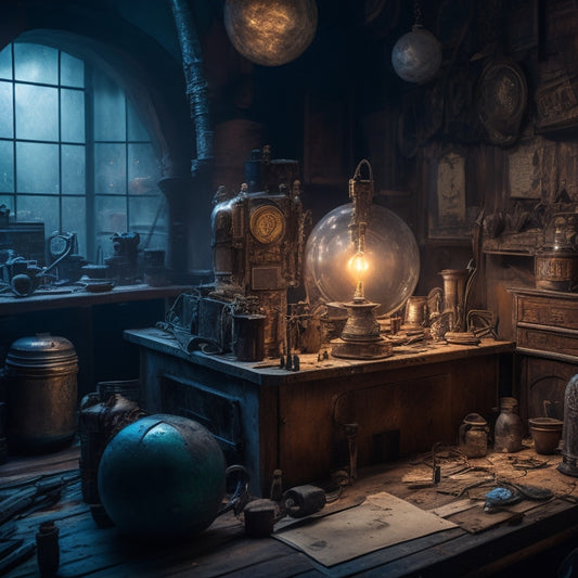 A dimly lit, ornate workshop filled with peculiar contraptions, glowing orbs, and wispy smoke, with a central workstation cluttered with paint-splattered brushes, mysterious artifacts, and half-finished creations.