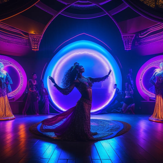 A futuristic, dimly lit dance studio with a belly dancer in mid-pose, surrounded by swirling, neon-colored lights and virtual reality headsets, with Middle Eastern-inspired patterns projected on the walls.