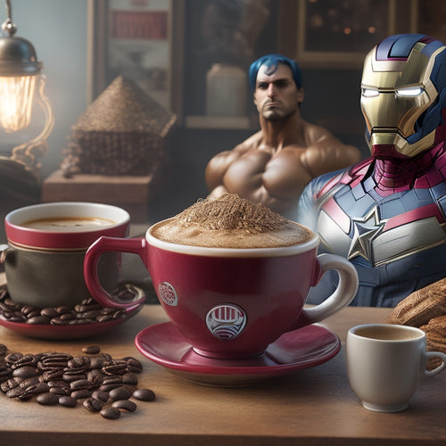 A steaming cup of coffee with swirling cream forms the faces of Iron Man, Captain America, and Thor, surrounded by coffee beans and Marvel-themed coffee shop decorations.