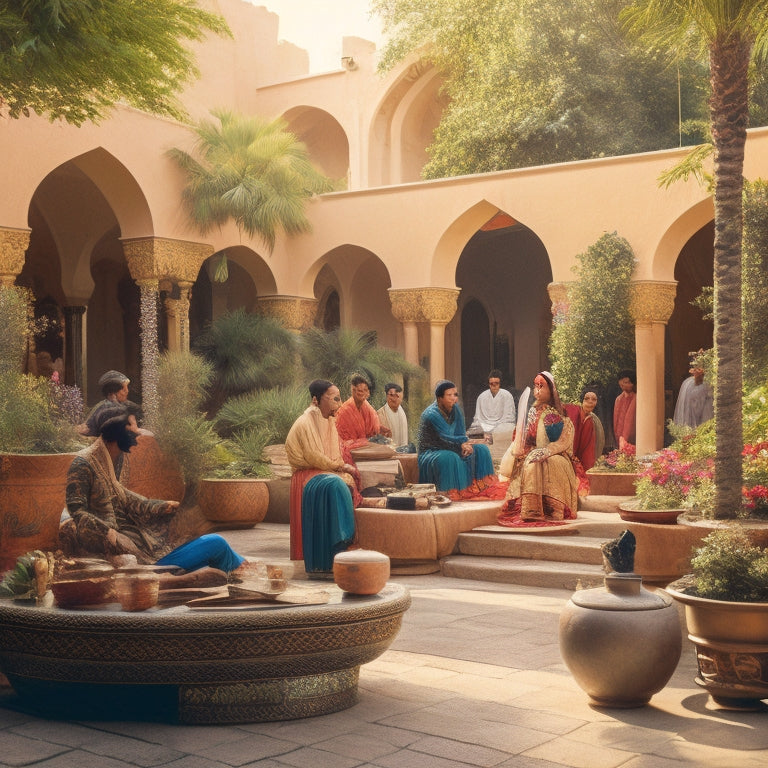A warm, sunlit scene depicting a diverse group of people from various Middle Eastern backgrounds gathered in a vibrant, colorful courtyard, surrounded by intricate architecture, lush greenery, and traditional instruments.