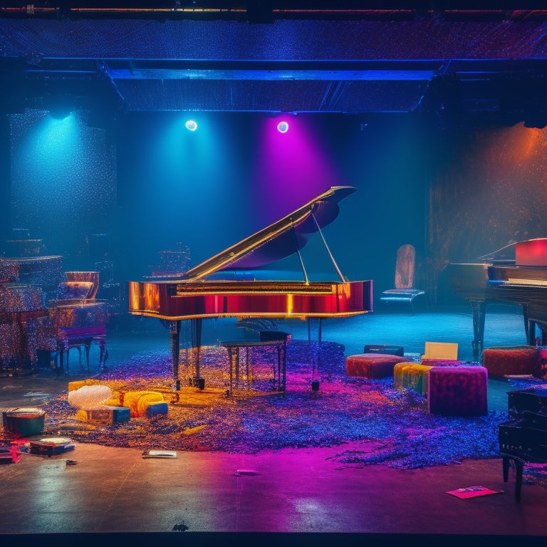 A darkened theater stage with spotlights shining down, surrounded by fragmented mirrors, scattered paintbrushes, and half-finished canvases, with a grand piano at center, adorned with colorful notes and swirling patterns.
