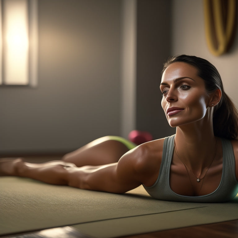 A serene, fit woman in her 30s, lying on a yoga mat, with her knees bent and feet flat, performing a pelvic tilt exercise, with a subtle glow and warm lighting.