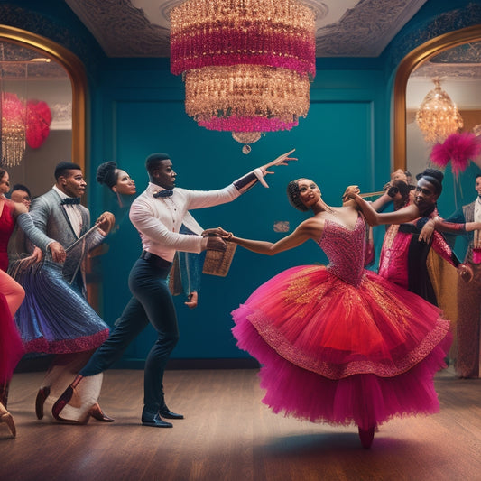 A vibrant, colorful illustration of diverse couples dancing together in various studios, surrounded by mirrors, ballet bars, and instruments, blending traditional and modern styles.