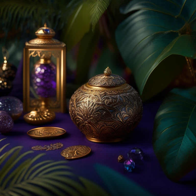 A dimly lit, velvety purple background with intricate, swirling patterns of golden Arabic calligraphy, surrounded by lush, dark green palm fronds and a few strategically placed, shimmering gemstones.