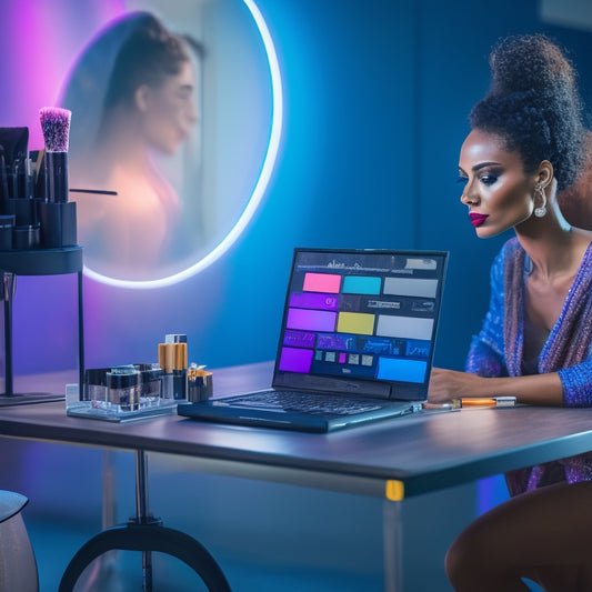 A colorful illustration of a young woman in a dance studio, surrounded by makeup brushes and mirrors, with a laptop open on a nearby table displaying a virtual classroom.