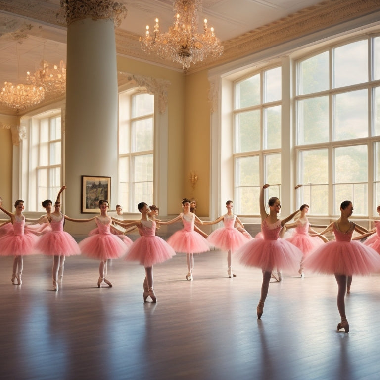 A soft, warm light-filled dance studio with rows of young ballerinas in various poses, tutus fluttering, surrounded by elegant mirrors and wooden barres, inspired by Degas' impressionist style.