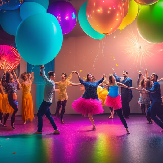 A vibrant, dimly lit dance studio with mirrored walls, wooden floors, and a few dancers in mid-motion, surrounded by colorful balloons and confetti, evoking a sense of joy and celebration.