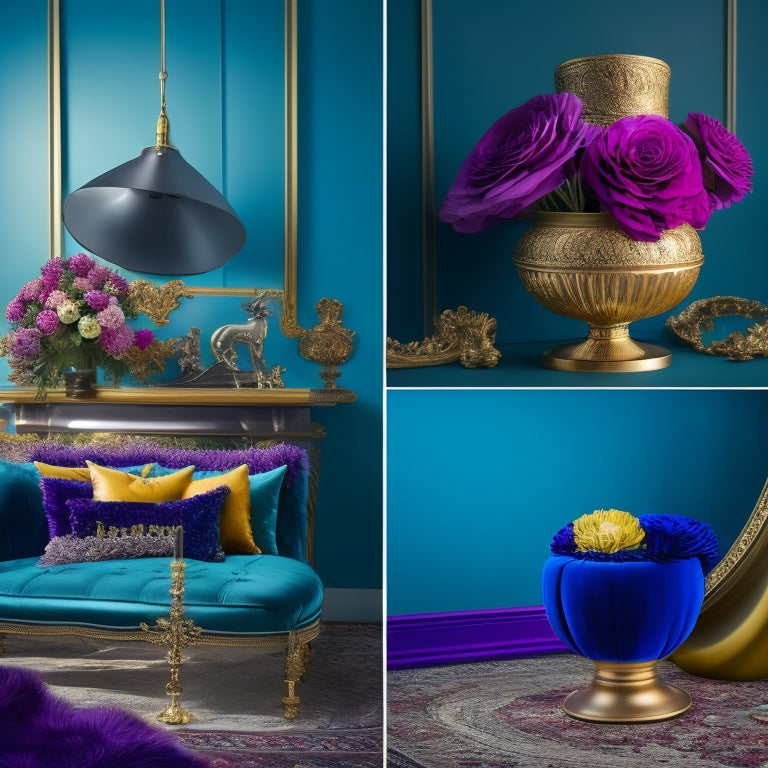 A stylized, modern photography studio with a bold, bright color scheme, featuring a velvet-draped backdrop, ornate gold frames, and a few carefully placed props like flowers, hats, and luxurious fabrics.