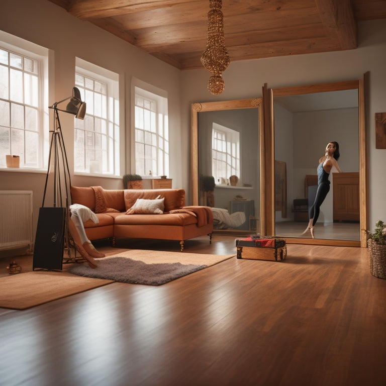 A cozy home studio with a wooden floor, a large mirror reflecting a dancer practicing, various dance shoes scattered, a smartphone displaying a dance app interface, and soft, warm lighting creating an inviting atmosphere.