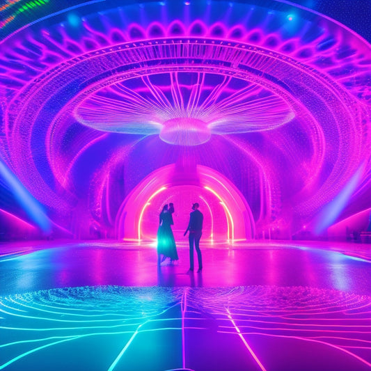 A vibrant, neon-lit dance stage with flashing spotlights, pulsating lasers, and a massive, curved LED screen displaying a mesmerizing pattern of swirling colors and dynamic shapes.