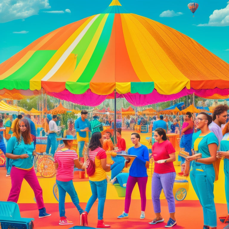 A vibrant illustration of a festival scene with diverse volunteers wearing matching t-shirts, interacting with attendees, and using tablets or radios, amidst a backdrop of colorful tents, balloons, and a Ferris wheel.
