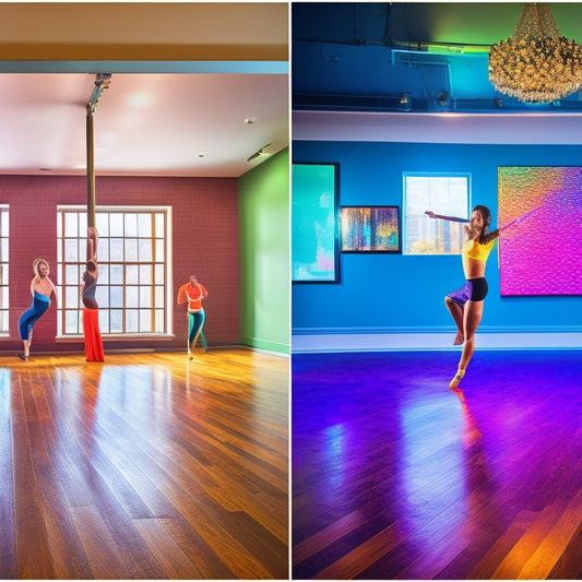 A vibrant dance studio with polished hardwood floors, showcasing various colorful, textured dance floor mats in action. Dancers in dynamic poses, emphasizing movement and style, with bright lighting and mirrors reflecting their energy.