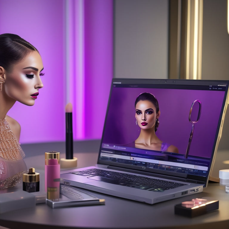 A futuristic, sleek laptop screen displays a split-screen comparison of various digital makeup looks, with a miniature dance studio background featuring a ballet barre and mirror, surrounded by scattered makeup brushes and palettes.