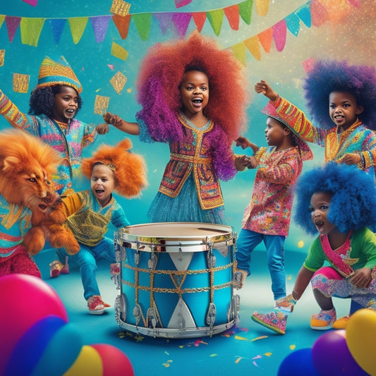 A vibrant illustration featuring a group of diverse children wearing colorful lion costumes, dancing and playing drums, surrounded by swirling ribbons and confetti, set against a bright, sunny background.