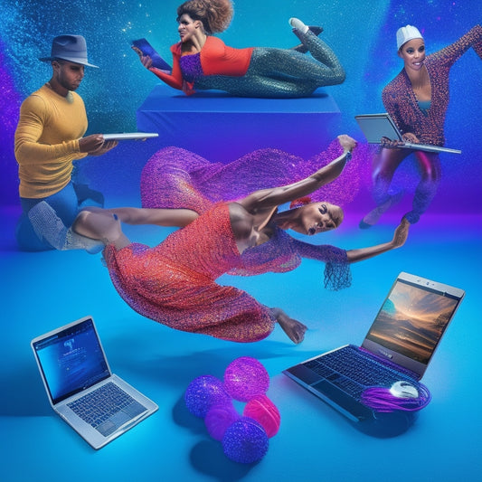 A vibrant illustration of a professional dancer in the center, surrounded by laptops, tablets, and smartphones, with Wi-Fi signals and online platforms (e.g. YouTube, social media) radiating from the devices.
