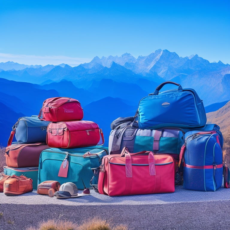 A vibrant scene showcasing various stylish duffel bags with wheels in an outdoor setting, surrounded by adventure gear like hiking boots and a map, with a backdrop of mountains and a clear blue sky.