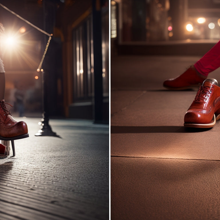 A split-scene image: on the left, a dancer wearing salsa shoes on a wooden dance floor, surrounded by dimmed club lights; on the right, the same dancer outdoors on a sunny sidewalk, shoes scuffed and worn.