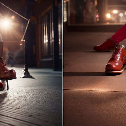 A split-scene image: on the left, a dancer wearing salsa shoes on a wooden dance floor, surrounded by dimmed club lights; on the right, the same dancer outdoors on a sunny sidewalk, shoes scuffed and worn.