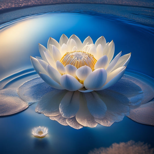 A serene, glowing lotus flower blooms in the center of a swirling vortex, surrounded by delicate, feathery clouds and wispy, ethereal tendrils, amidst a subtle, shimmering aura of calming blue and gold hues.