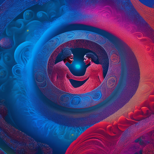 A vibrant, abstract illustration of intertwined black figures, surrounded by swirling patterns of crimson, gold, and turquoise, radiating warmth, joy, and unbridled passion.