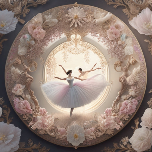 A whimsical illustration featuring a delicate, swirling dance of ballet-inspired silhouettes, flowers, and ribbons in soft pastel hues, surrounded by intricate, hand-drawn frames and ornate borders.