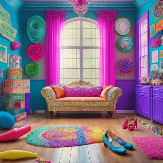 A vibrant illustration featuring a whimsical dance studio with colorful posters plastered on the walls, a ballet barre, and a few scattered dance shoes, surrounded by swirling ribbons and musical notes.