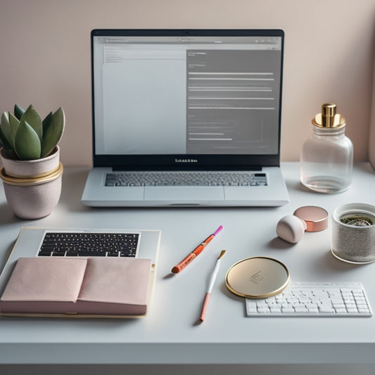 A clutter-free, minimalist desk with a makeup artist's essentials: a laptop, a planner, a color-coded palette, and a few selective brushes, surrounded by subtle, soft lighting and a calming background.