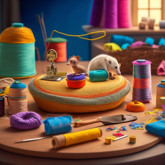 A whimsical illustration of a sewing table with a half-stitched felt mouse, surrounded by colorful threads, needles, and scraps of soft fabric, set against a warm, creamy background.