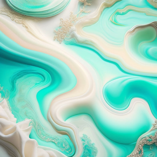 Vibrant, swirling shapes in gouache hues of turquoise, coral, and mint dance across a large, cream-colored canvas, surrounded by delicate, intricate patterns and subtle, shimmering accents.