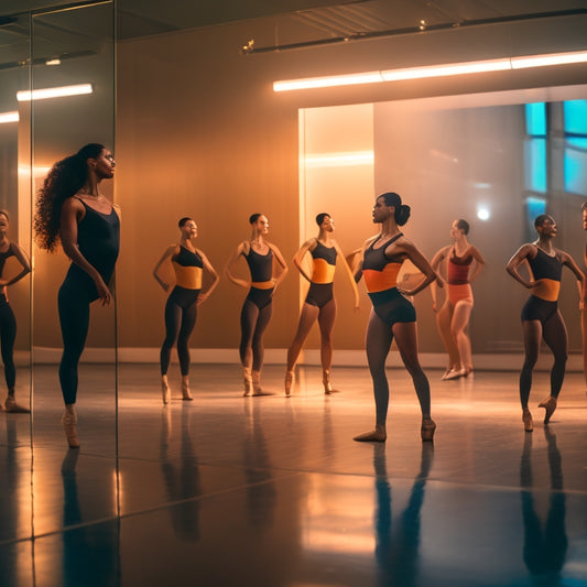 A spotlight shines on a confident dancer in a sleek, black leotard, standing in a bright, modern dance studio with mirrored walls and wooden floors, surrounded by fellow dancers in various poses.