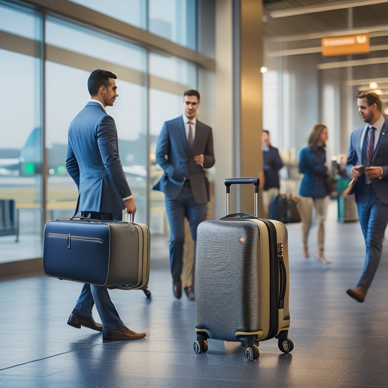 A sleek, high-tech suitcase with built-in charging ports, GPS tracking, and a digital display, set against a backdrop of an airport terminal bustling with travelers, showcasing convenience and modern design.