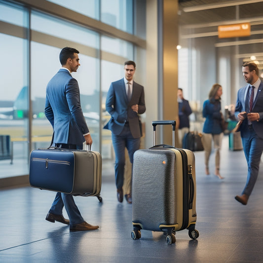 A sleek, high-tech suitcase with built-in charging ports, GPS tracking, and a digital display, set against a backdrop of an airport terminal bustling with travelers, showcasing convenience and modern design.