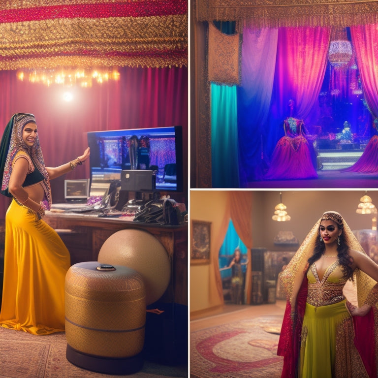 A warm, golden-lit dance studio with a laptop and speaker in the center, surrounded by colorful Middle Eastern-inspired fabrics and props, with a belly dancer in the background, mid-pose.
