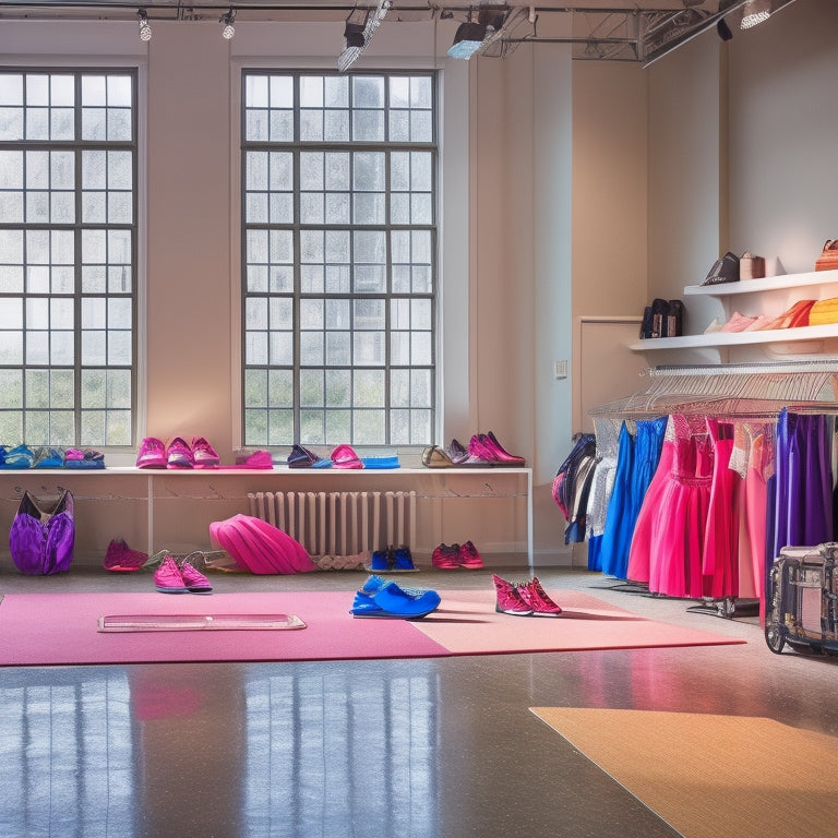 A colorful, clutter-free dance studio with various dance costumes hung on sturdy, wheeled carriers with dividers, and a few stray dance shoes scattered around, lit by soft, natural light.