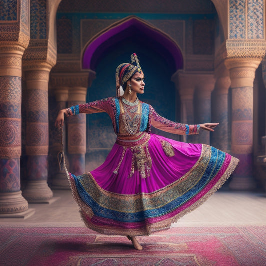 A colorful illustration depicting a dancer in a flowing, intricately patterned costume, surrounded by traditional Arabic instruments, with a subtle background of mesmerizing Middle Eastern architecture.