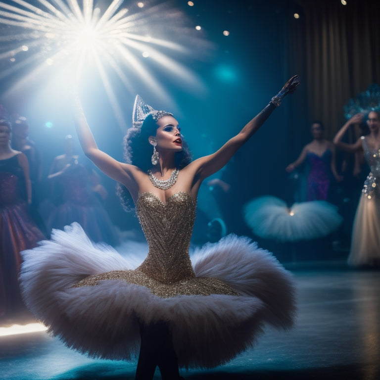 A glamorous, spotlit dancer in a flowing costume, surrounded by open makeup compacts, brushes, and mirrors, with a dance floor or stage blurred in the background.