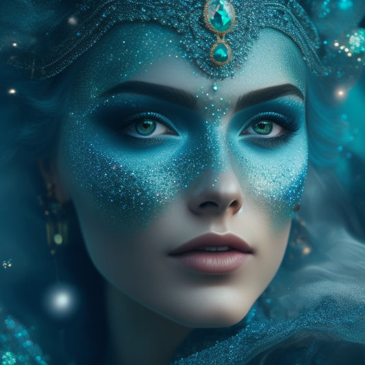 A whimsical illustration of a fantasy dancer's face, adorned with intricate, swirling patterns in shades of emerald and sapphire, surrounded by delicate, sparkling stars and misty, ethereal clouds.