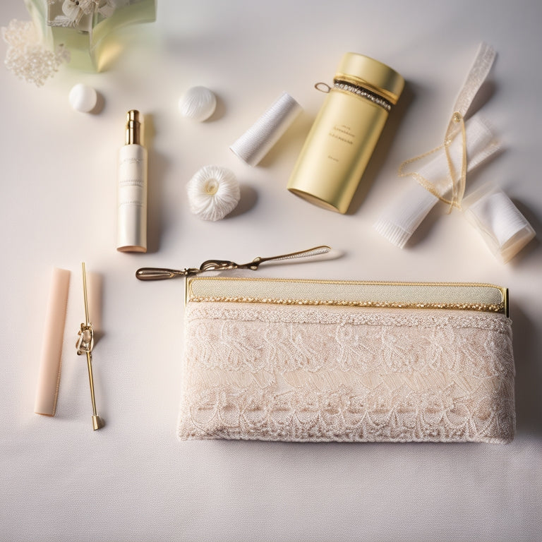 A delicate, lace-trimmed clutch overflowing with essentials: bobby pins, tissues, breath mints, a mini sewing kit, and a tiny bottle of champagne, all against a soft, ivory background.